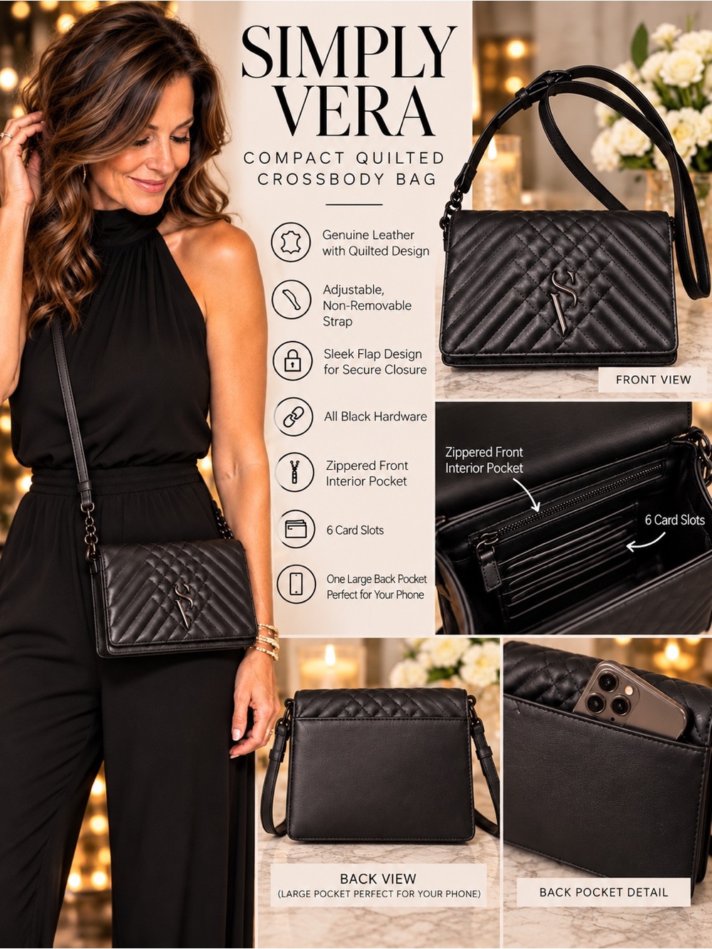 Simply Vera Quilted Black Crossbody Bag with Black Hardware